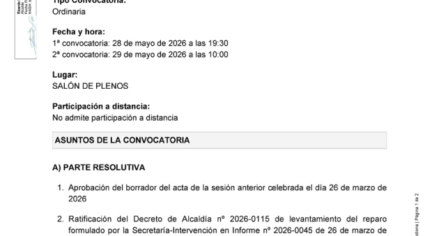 Convocatoria a Pleno sesión ordinaria, jueves 28 de mayo a las 19:30h
